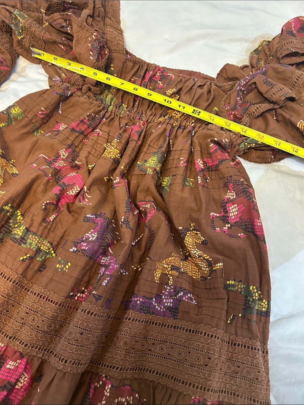 FARM Rio Brown Dotted Horses Ruffled Maxi Dress with Square Neckline. Size S - Picture 7 of 16